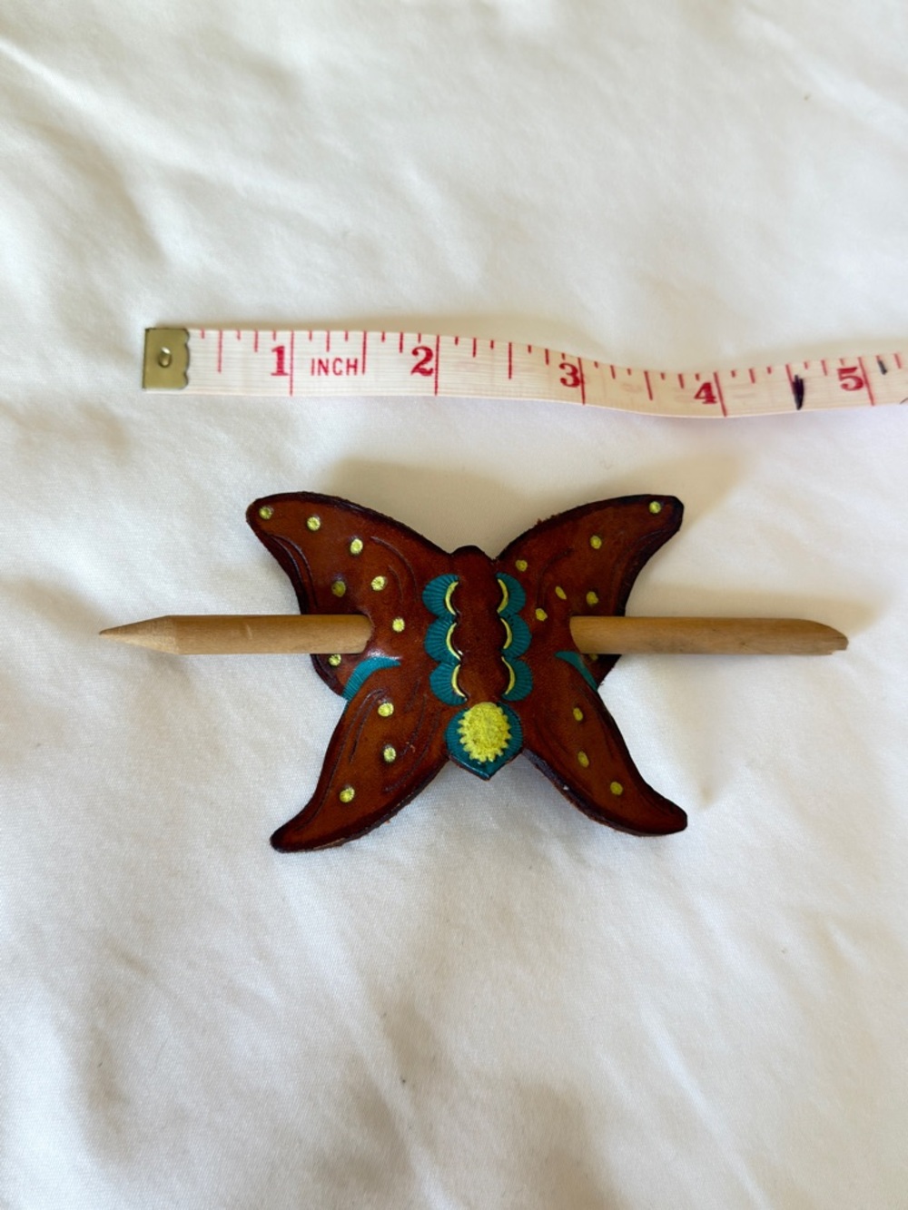 Vintage 70’s Hand-Painted Wooden Butterfly Hair Slide - Brown and Turquoise